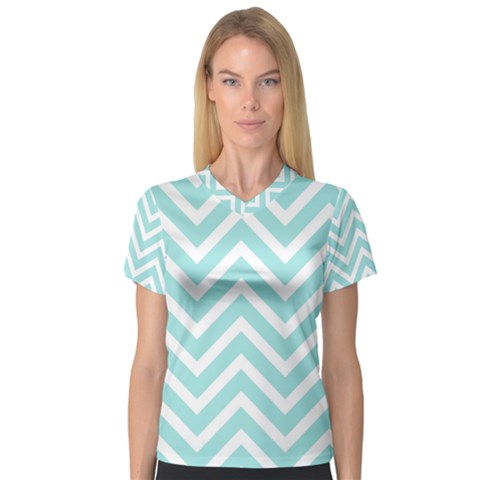 Chevrons Zigzags Pattern Blue Women s V-neck Sport Mesh Tee by Nexatart