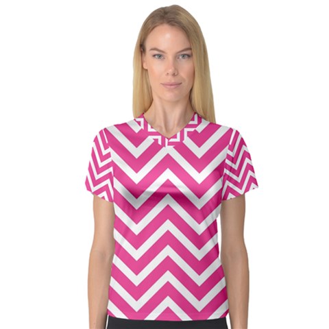 Chevrons Stripes Pink Background Women s V-neck Sport Mesh Tee by Nexatart