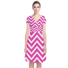 Chevrons Stripes Pink Background Short Sleeve Front Wrap Dress by Nexatart