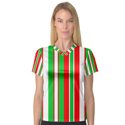 Christmas Holiday Stripes Red Green,white Women s V-neck Sport Mesh Tee by Nexatart