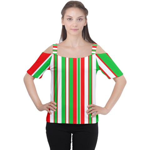 Christmas Holiday Stripes Red Green,white Women s Cutout Shoulder Tee by Nexatart