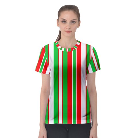 Christmas Holiday Stripes Red Green,white Women s Sport Mesh Tee by Nexatart