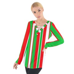 Christmas Holiday Stripes Red Green,white Women s Tie Up Tee by Nexatart