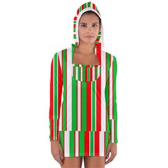 Christmas Holiday Stripes Red Green,white Women s Long Sleeve Hooded T-shirt by Nexatart