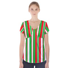 Christmas Holiday Stripes Red Green,white Short Sleeve Front Detail Top by Nexatart