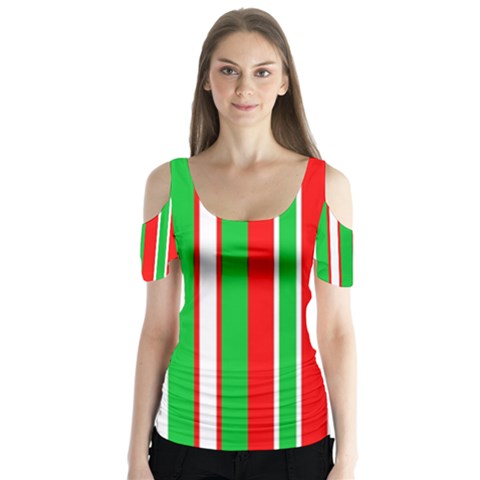 Christmas Holiday Stripes Red Green,white Butterfly Sleeve Cutout Tee  by Nexatart