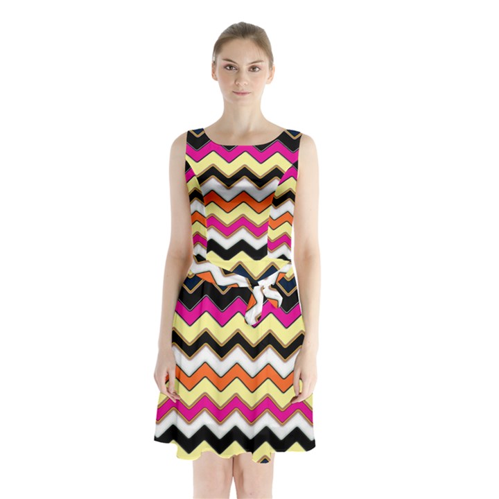 Colorful Chevron Pattern Stripes Sleeveless Chiffon Waist Tie Dress