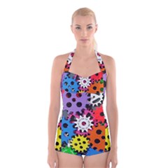 Colorful Toothed Wheels Boyleg Halter Swimsuit  by Nexatart