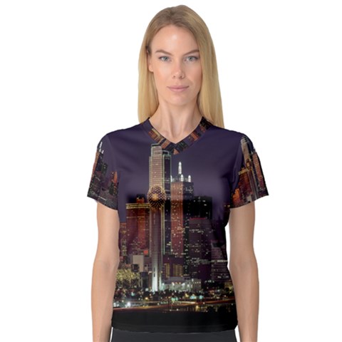 Dallas Texas Skyline Dusk Women s V-neck Sport Mesh Tee by Nexatart