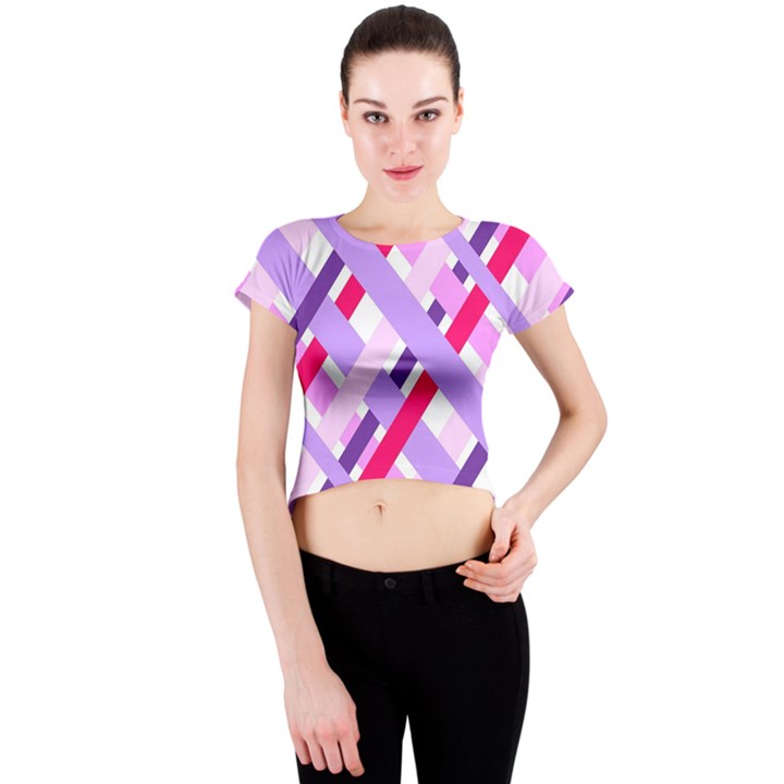 Diagonal Gingham Geometric Crew Neck Crop Top