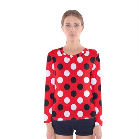 Red & Black Polka Dot Pattern Women s Long Sleeve Tee by Nexatart