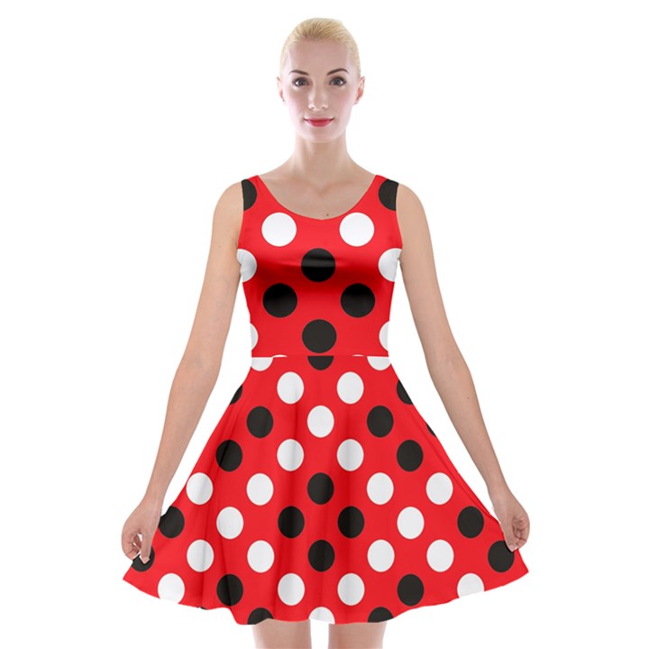 Red & Black Polka Dot Pattern Velvet Skater Dress