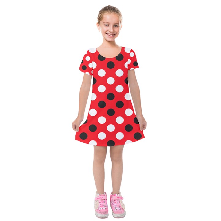 Red & Black Polka Dot Pattern Kids  Short Sleeve Velvet Dress