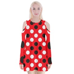 Red & Black Polka Dot Pattern Velvet Long Sleeve Shoulder Cutout Dress by Nexatart