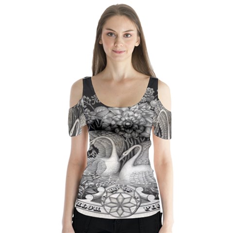 Swans Floral Pattern Vintage Butterfly Sleeve Cutout Tee  by Nexatart