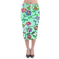 Flowers Floral Doodle Plants Velvet Midi Pencil Skirt