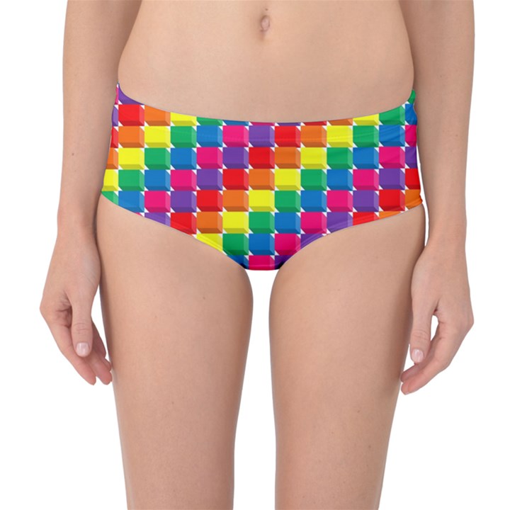 Rainbow 3d Cubes Red Orange Mid-Waist Bikini Bottoms