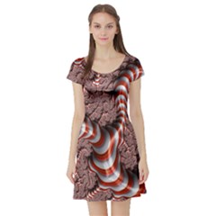 Fractal Abstract Red White Stripes Short Sleeve Skater Dress by Nexatart