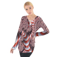 Fractal Abstract Red White Stripes Women s Tie Up Tee by Nexatart