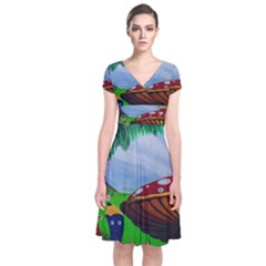 Kindergarten Painting Wall Colorful Short Sleeve Front Wrap Dress by Nexatart