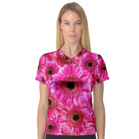 Gerbera Flower Nature Pink Blosso Women s V-neck Sport Mesh Tee by Nexatart