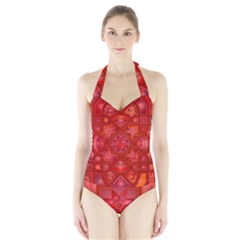 Geometric Line Art Background Halter Swimsuit