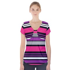 Stripes Colorful Background Short Sleeve Front Detail Top by Nexatart