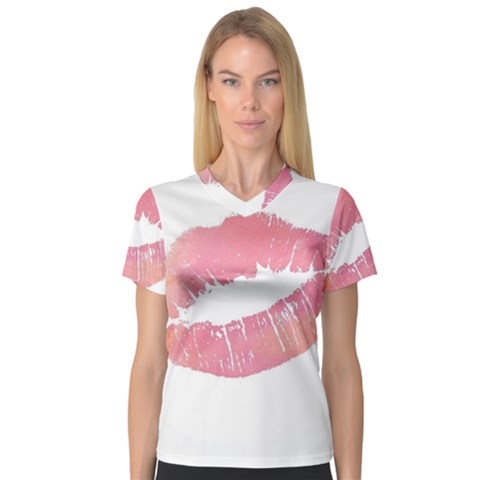 Pink Lips Women s V-neck Sport Mesh Tee by Brittlevirginclothing