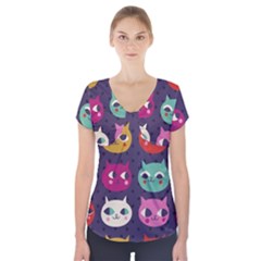 Colorful Kitties Short Sleeve Front Detail Top by Brittlevirginclothing