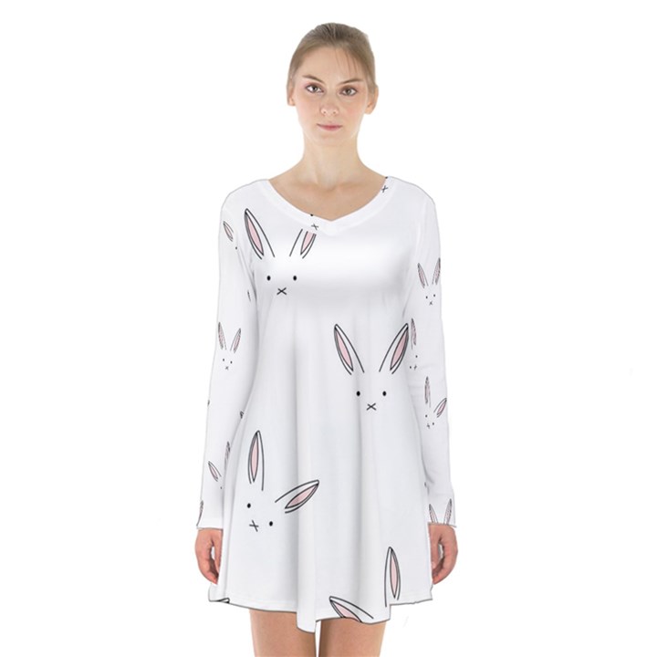 Cute bunnies Long Sleeve Velvet V-neck Dress