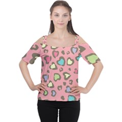 Rainbow leopard styled hearts  Women s Cutout Shoulder Tee