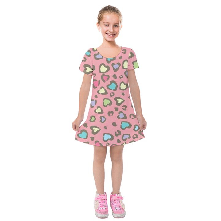 Rainbow leopard styled hearts  Kids  Short Sleeve Velvet Dress