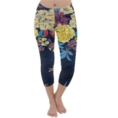 Deep Blue Vintage Flowers Capri Winter Leggings  by Brittlevirginclothing