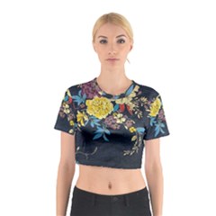 Deep Blue Vintage Flowers Cotton Crop Top by Brittlevirginclothing