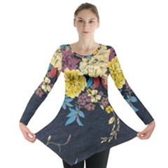 Deep Blue Vintage Flowers Long Sleeve Tunic  by Brittlevirginclothing