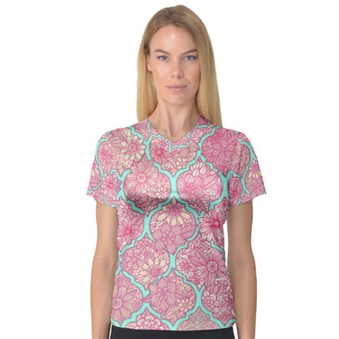 Moroccan Flower Mosaic Women s V-neck Sport Mesh Tee by Brittlevirginclothing