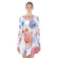 Watercolor Colorful Roses Long Sleeve Velvet V-neck Dress by Brittlevirginclothing