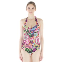 Colorful Flower Pattern Halter Swimsuit by Brittlevirginclothing