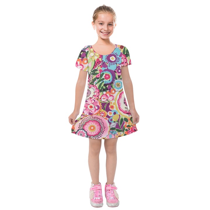 Colorful flower pattern Kids  Short Sleeve Velvet Dress