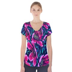 Purple Flowers Short Sleeve Front Detail Top by Brittlevirginclothing