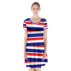 Red White Blue Patriotic Ribbons Short Sleeve V-neck Flare Dress