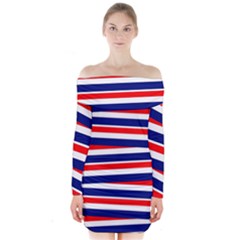 Red White Blue Patriotic Ribbons Long Sleeve Off Shoulder Dress