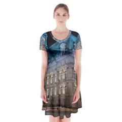 Montreal Quebec Canada Building Short Sleeve V-neck Flare Dress by Nexatart