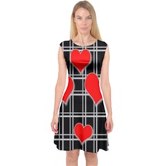 Red Hearts Pattern Capsleeve Midi Dress