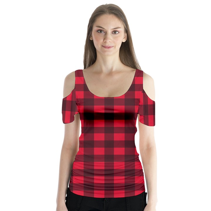 Red and black plaid pattern Butterfly Sleeve Cutout Tee 