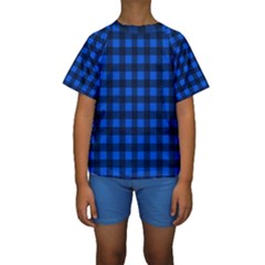 Blue And Black Plaid Pattern Kids  Short Sleeve Swimwear by Valentinaart