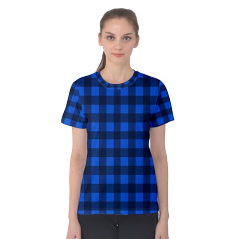 Blue And Black Plaid Pattern Women s Cotton Tee by Valentinaart