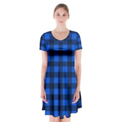 Blue And Black Plaid Pattern Short Sleeve V-neck Flare Dress