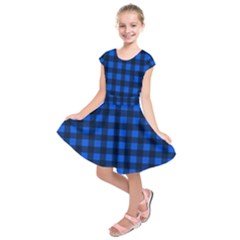 Blue And Black Plaid Pattern Kids  Short Sleeve Dress