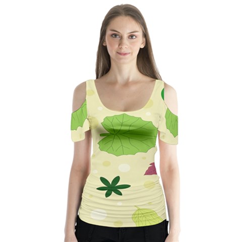 Leaves Pattern Butterfly Sleeve Cutout Tee  by Nexatart